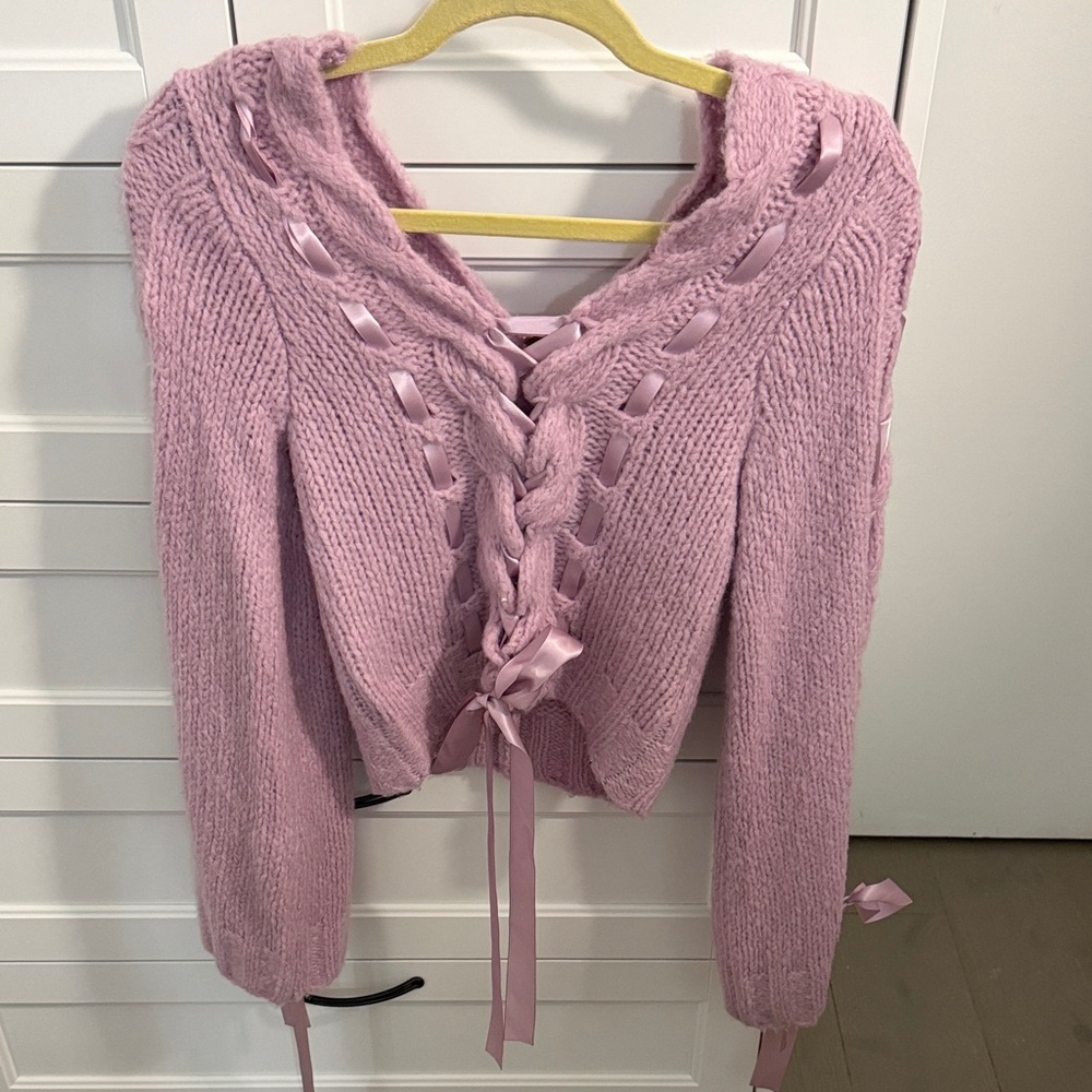 Free People Lavender Lace-Up V-Neck Sweater